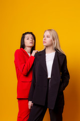 Two sexy beautiful woman brunette and blond hair glamour model pose for catalog fashion clothes suit pants, perfect skinny body shape style office party trend girlfriends