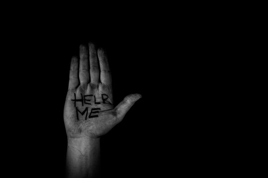 HELP ME, Man's hand palm up asking and begging for help