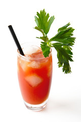 Bloody Mary with ice cubes with celery isolated on white