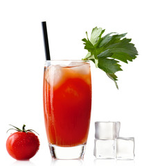 Bloody mary with ice cubes & tomato isolated on white