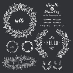 Collection of handdrawn vector laurels, wreaths, borders and branches. 