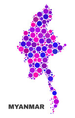 Mosaic Myanmar map isolated on a white background. Vector geographic abstraction in pink and violet colors. Mosaic of Myanmar map combined of random circle elements.