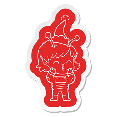 cartoon  sticker of a alien girl giggling wearing santa hat