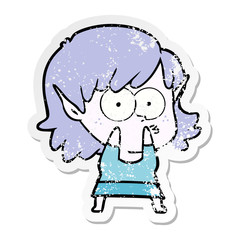 distressed sticker of a cartoon elf girl staring