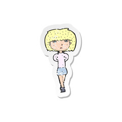 retro distressed sticker of a cartoon shy woman