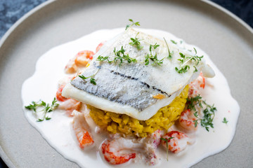 Gebratendes Schellfisch Filet mit Safran Reise und Garnelen in Krabben Sauce als closeup auf einem Modern Design Teller