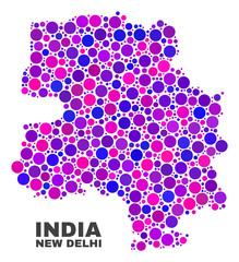 Mosaic New Delhi City map isolated on a white background. Vector geographic abstraction in pink and violet colors. Mosaic of New Delhi City map combined of random circle elements.