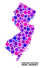 Mosaic New Jersey State map isolated on a white background. Vector geographic abstraction in pink and violet colors. Mosaic of New Jersey State map combined of scattered round elements.