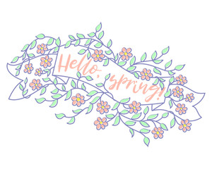 Spring banner sale design. Season sale vector label with flower. Spring floral background. Label ribbon tag. Sale poster template label. Happy spring day.