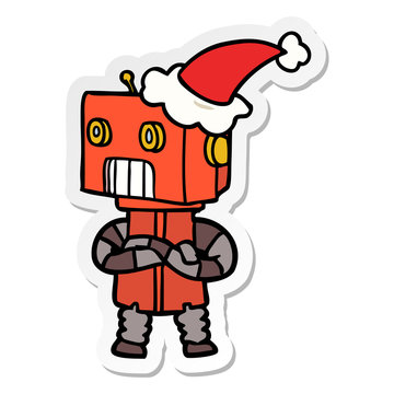 sticker cartoon of a robot wearing santa hat