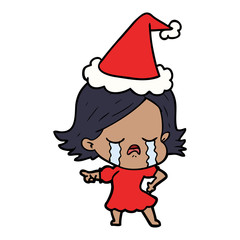line drawing of a girl crying and pointing wearing santa hat