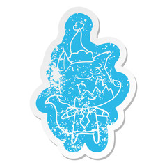 cartoon distressed sticker of a friendly fox wearing santa hat