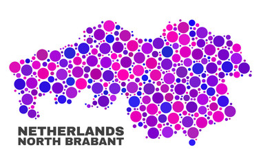 Mosaic North Brabant Province map isolated on a white background. Vector geographic abstraction in pink and violet colors. Mosaic of North Brabant Province map combined of scattered circle points.