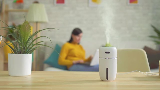 person working behind a laptop on the background of a working humidifier