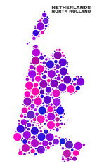 Mosaic North Holland map isolated on a white background. Vector geographic abstraction in pink and violet colors. Mosaic of North Holland map combined of scattered circle dots.