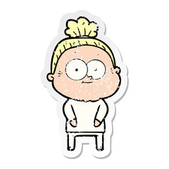 distressed sticker of a cartoon happy old woman