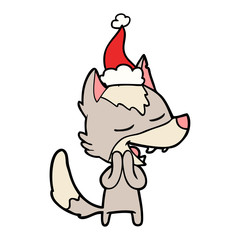 line drawing of a wolf laughing wearing santa hat