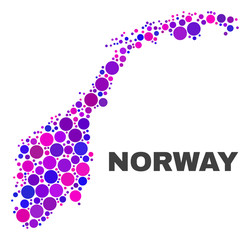 Mosaic Norway map isolated on a white background. Vector geographic abstraction in pink and violet colors. Mosaic of Norway map combined of random spheric items.