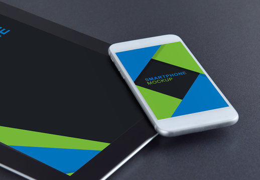 Smartphone and Tablet on a Dark Background Mockup