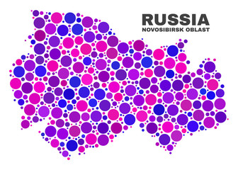 Mosaic Novosibirsk Region map isolated on a white background. Vector geographic abstraction in pink and violet colors. Mosaic of Novosibirsk Region map combined of random spheric items.