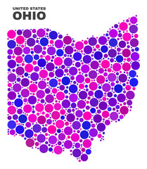 Mosaic Ohio State map isolated on a white background. Vector geographic abstraction in pink and violet colors. Mosaic of Ohio State map combined of scattered round elements.