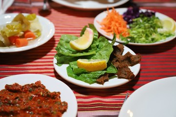 Turkish style food with lamb on skewers