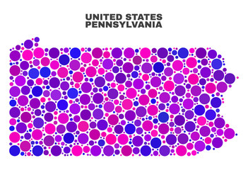 Mosaic Pennsylvania State map isolated on a white background. Vector geographic abstraction in pink and violet colors. Mosaic of Pennsylvania State map combined of random circle points.