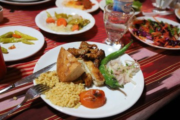 Turkish style food with lamb on skewers