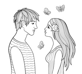 Young man and woman looking to each other faces. Butterflies on the background. Black and white vector illustration. Antistress coloring page for adults