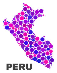 Mosaic Peru map isolated on a white background. Vector geographic abstraction in pink and violet colors. Mosaic of Peru map combined of random round dots. Bright colored model for patriotic purposes.