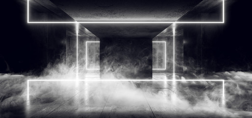 Modern Alien Spaceship Neon Glowing White Cyber Sci Fi Futuristic Rectangle Shaped Glowing Lights Smoke And Fog Dark Concrete Grunge Empty Room 3D Rendering