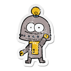 distressed sticker of a happy carton robot with light bulb