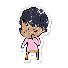distressed sticker of a cartoon frustrated woman