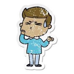 distressed sticker of a cartoon man sweating