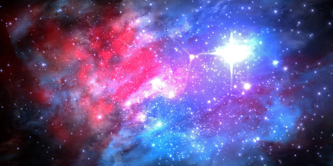 Fototapeta na wymiar 3d Illustration of a fictitious star-field, dark nebulae, bright sun and galaxies