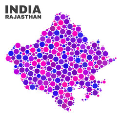 Mosaic Rajasthan State map isolated on a white background. Vector geographic abstraction in pink and violet colors. Mosaic of Rajasthan State map combined of random round points.