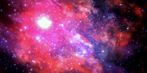 3d Illustration of a fictitious star-field, dark nebulae, bright sun and galaxies