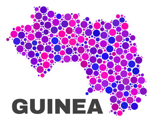 Mosaic Republic of Guinea map isolated on a white background. Vector geographic abstraction in pink and violet colors. Mosaic of Republic of Guinea map combined of random round points.