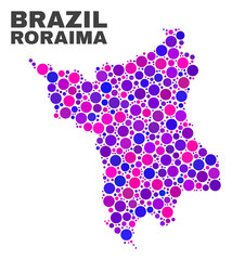 Mosaic Roraima State map isolated on a white background. Vector geographic abstraction in pink and violet colors. Mosaic of Roraima State map combined of random spheric dots.