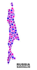 Mosaic Sakhalin Island map isolated on a white background. Vector geographic abstraction in pink and violet colors. Mosaic of Sakhalin Island map combined of random spheric elements.