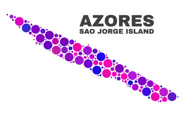 Mosaic Sao Jorge Island map isolated on a white background. Vector geographic abstraction in pink and violet colors. Mosaic of Sao Jorge Island map combined of random spheric points.