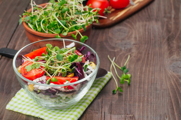 Vegetable salad with radish sprouts on rustic wooden background with blank space