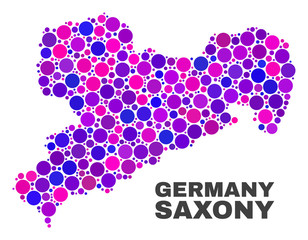 Mosaic Saxony Land map isolated on a white background. Vector geographic abstraction in pink and violet colors. Mosaic of Saxony Land map combined of scattered spheric elements.