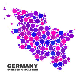 Mosaic Schleswig-Holstein Land map isolated on a white background. Vector geographic abstraction in pink and violet colors. Mosaic of Schleswig-Holstein Land map combined of scattered spheric points.