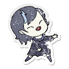 distressed sticker of a cartoon laughing vampire girl
