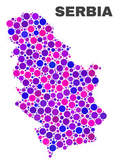 Mosaic Serbia map isolated on a white background. Vector geographic abstraction in pink and violet colors. Mosaic of Serbia map combined of random round points.