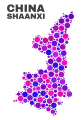 Mosaic Shaanxi Province map isolated on a white background. Vector geographic abstraction in pink and violet colors. Mosaic of Shaanxi Province map combined of scattered spheric dots.