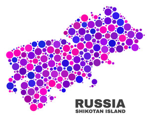 Mosaic Shikotan Island map isolated on a white background. Vector geographic abstraction in pink and violet colors. Mosaic of Shikotan Island map combined of scattered spheric points.
