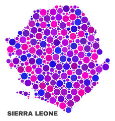 Mosaic Sierra Leone map isolated on a white background. Vector geographic abstraction in pink and violet colors. Mosaic of Sierra Leone map combined of random spheric elements.