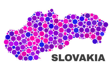 Mosaic Slovakia map isolated on a white background. Vector geographic abstraction in pink and violet colors. Mosaic of Slovakia map combined of random circle items.